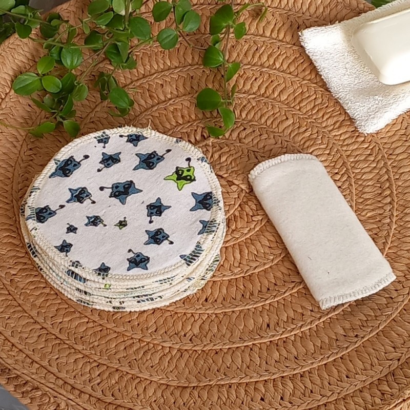 recharge eco 8 petites lingettes lavables rondes chanvre et coton bios, motifs loups