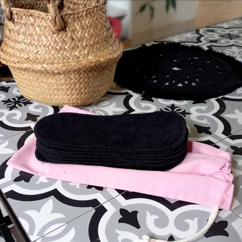 Serviette hygiénique lavable noire en bambou pour jeunes filles x 10