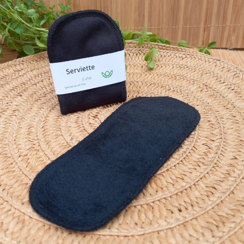 Serviette hygiénique lavable noire en bambou pour jeunes filles