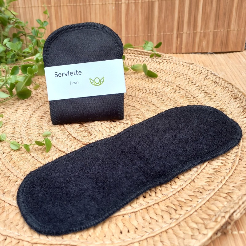 Serviette hygiénique lavable noire en bambou pour le jour